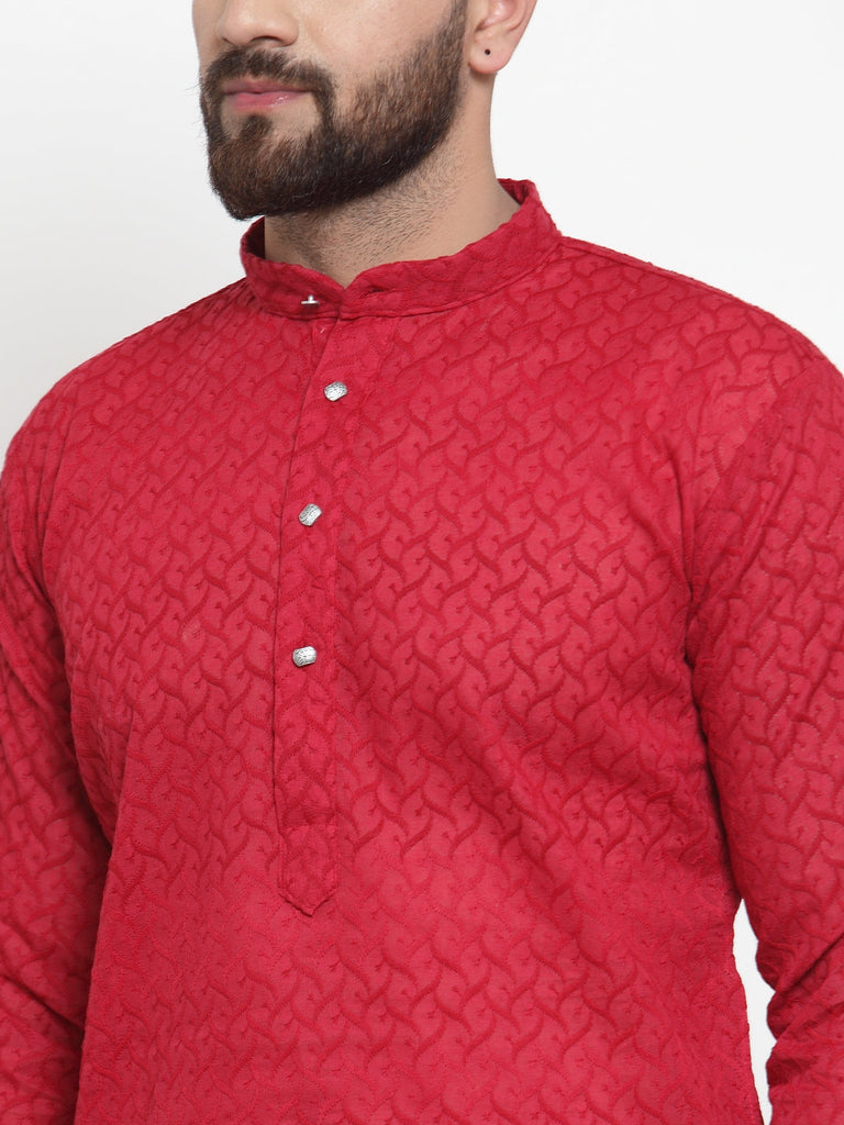 Men's Maroon Chikan Kurta With Churidar ( Jokp 561 Maroon )