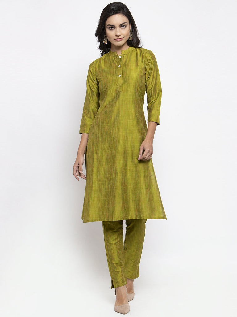 Women's Green Self Striped Kurta with Trousers