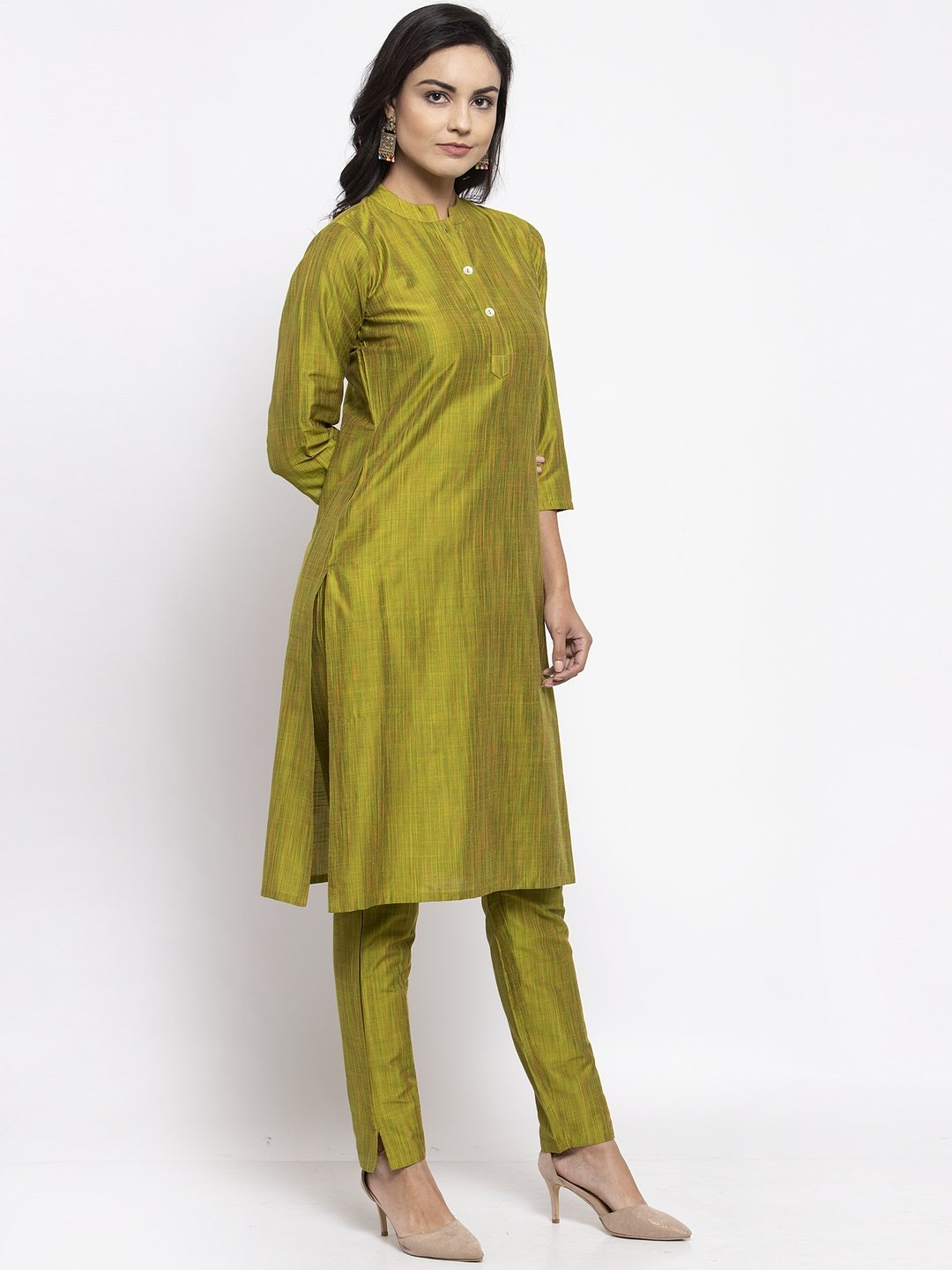 Women's Green Self Striped Kurta with Trousers