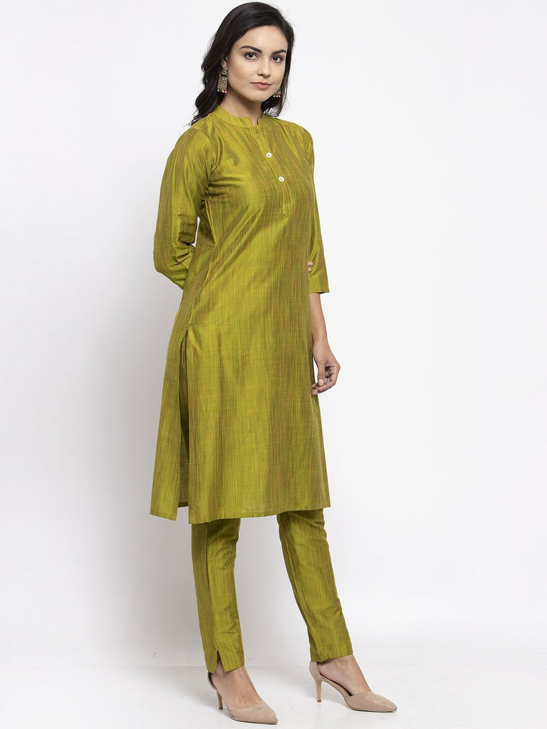 Women's Green Self Striped Kurta with Trousers