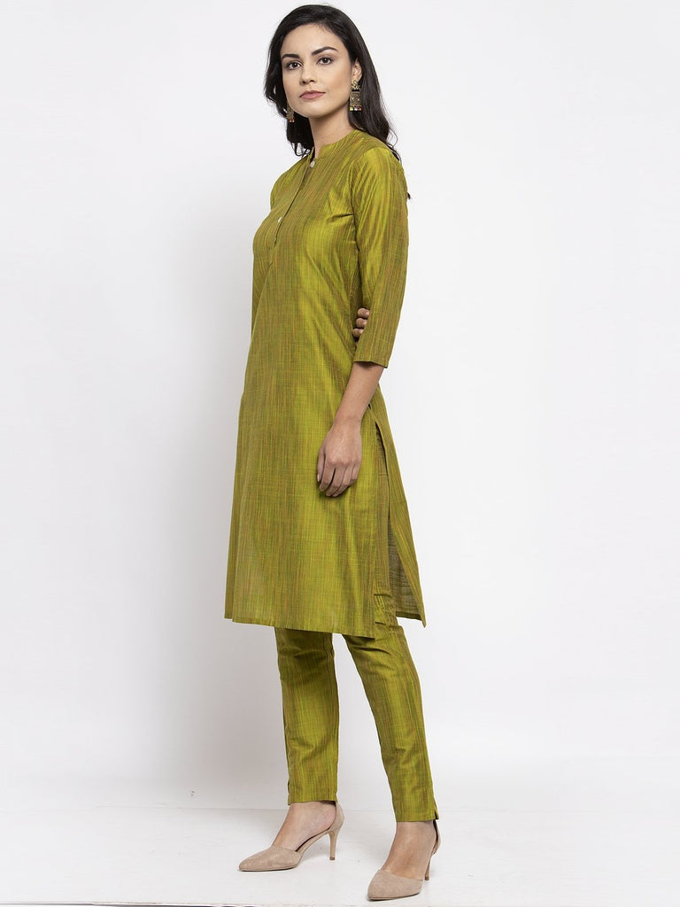 Women's Green Self Striped Kurta with Trousers