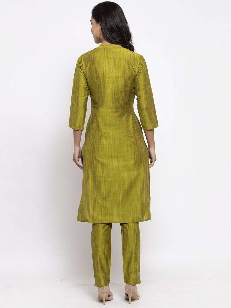 Women's Green Self Striped Kurta with Trousers