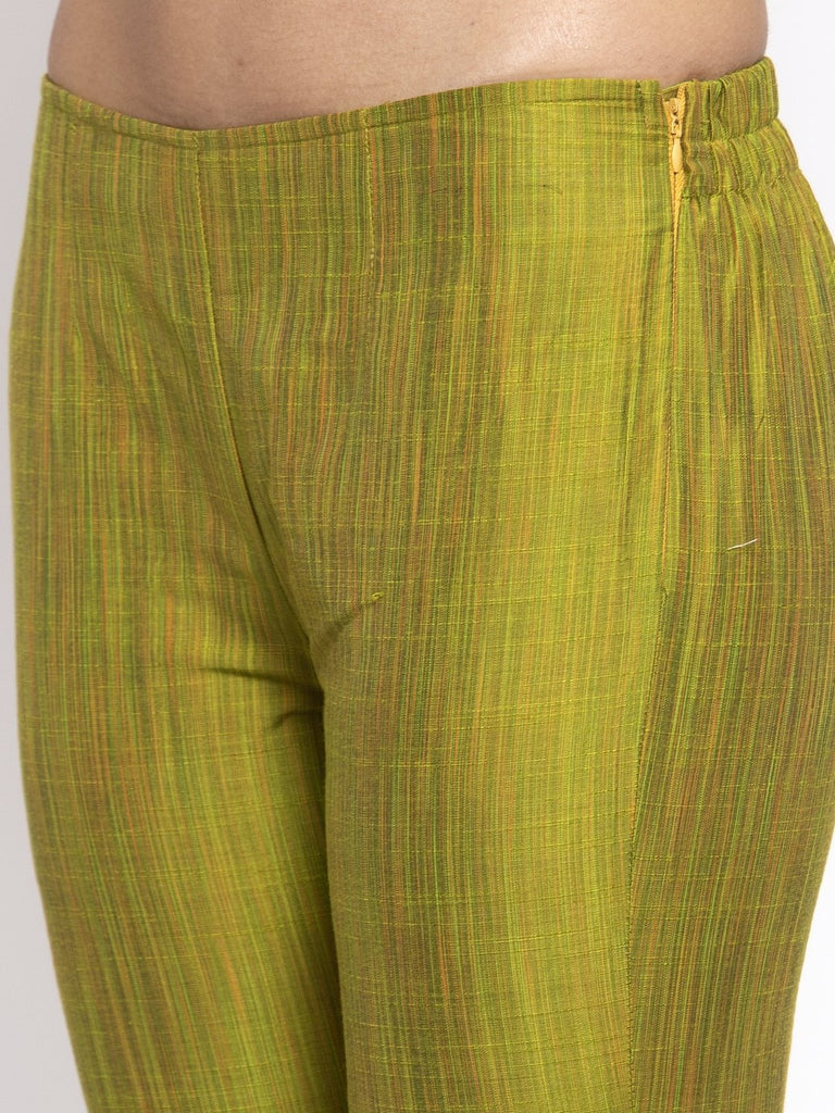 Women's Green Self Striped Kurta with Trousers
