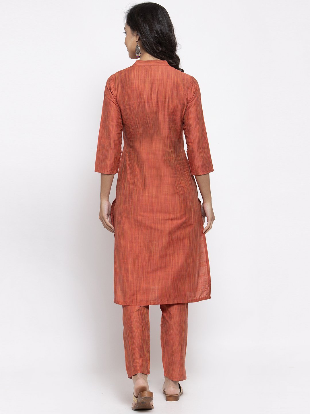 Women's Orange Self Striped Kurta with Trousers - Jompers