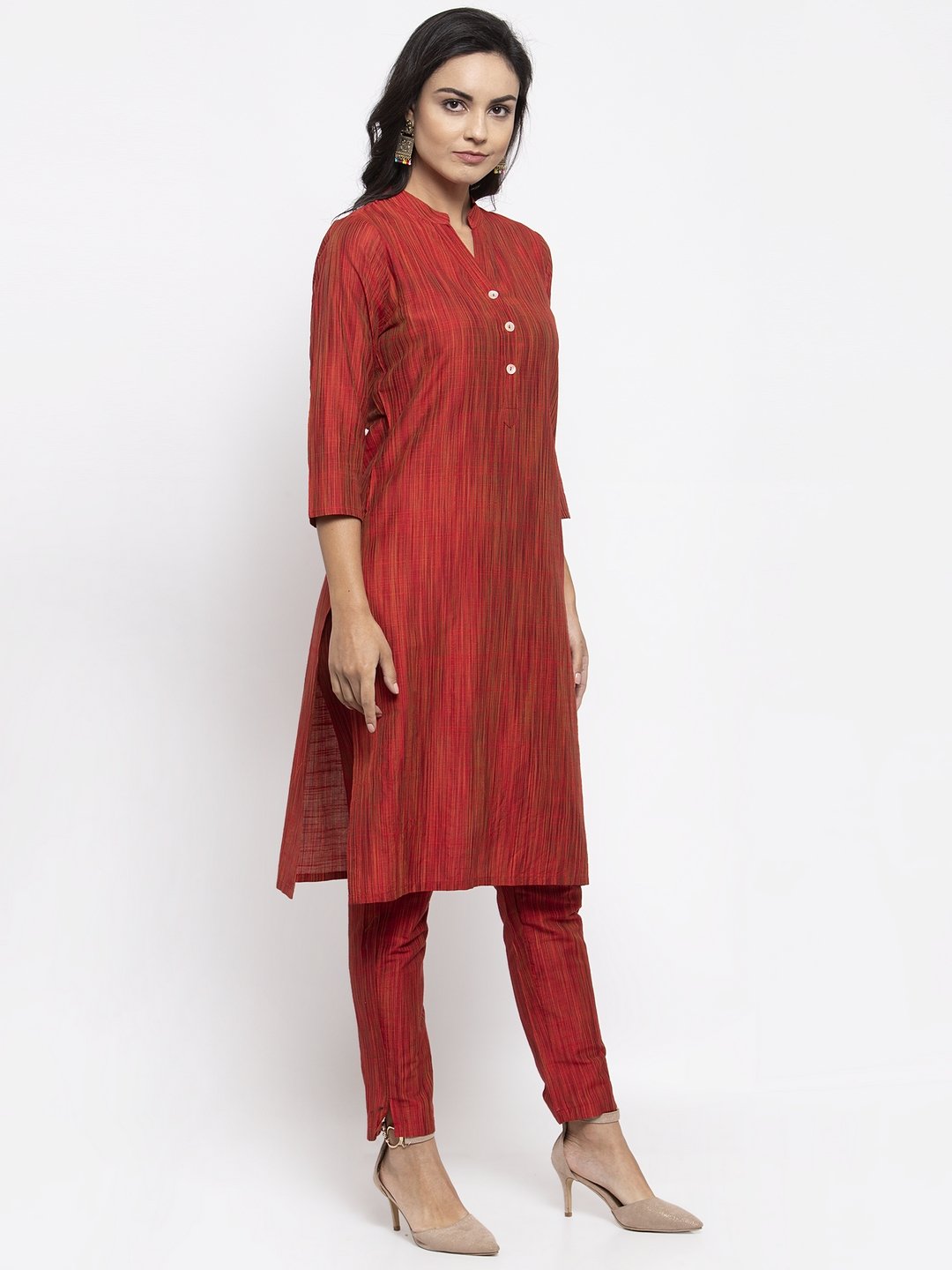 Women's Red Self Striped Kurta with Trousers - Jompers