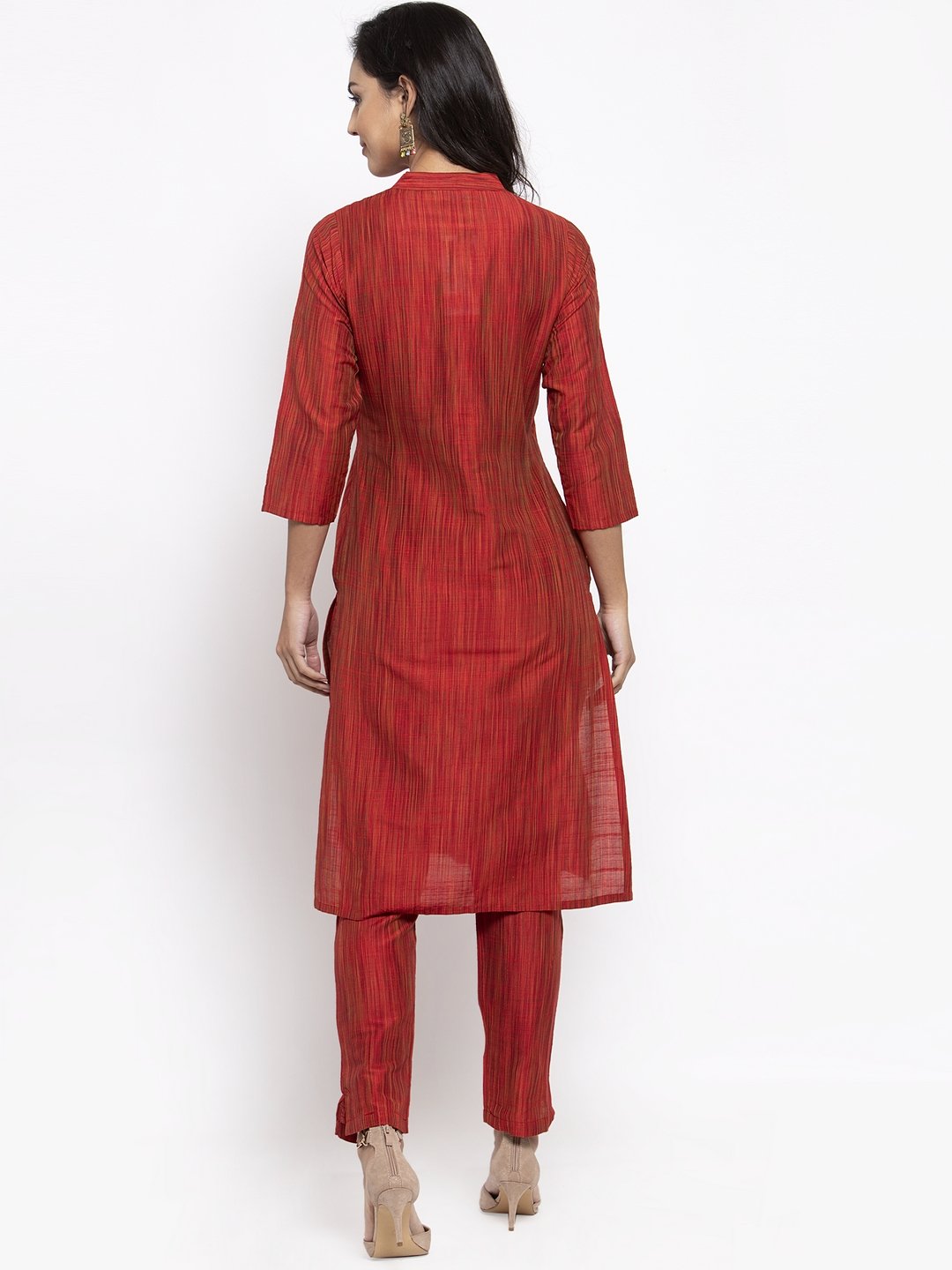 Women's Red Self Striped Kurta with Trousers - Jompers