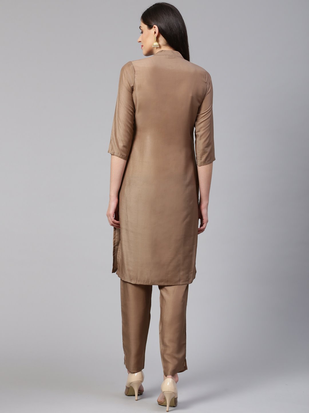 Women's Brown Embroidered Solid Kurta with Trousers - Jompers