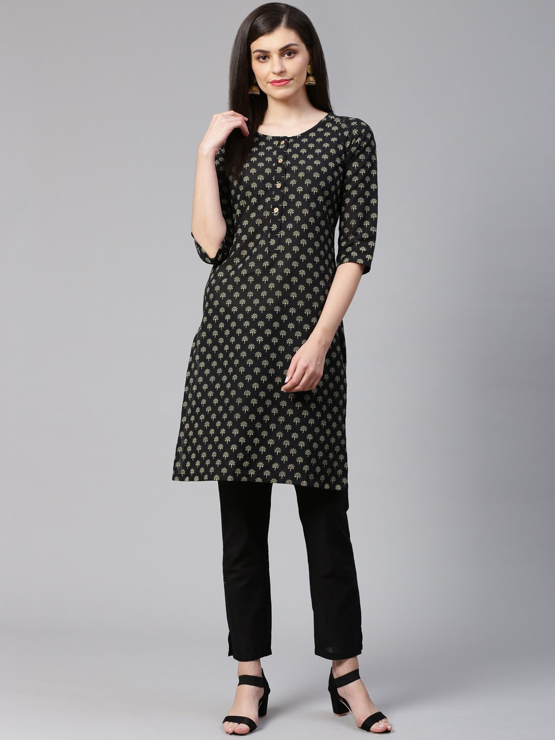 Women's Black and Beige Printed Kurta with Trousers       - Jompers