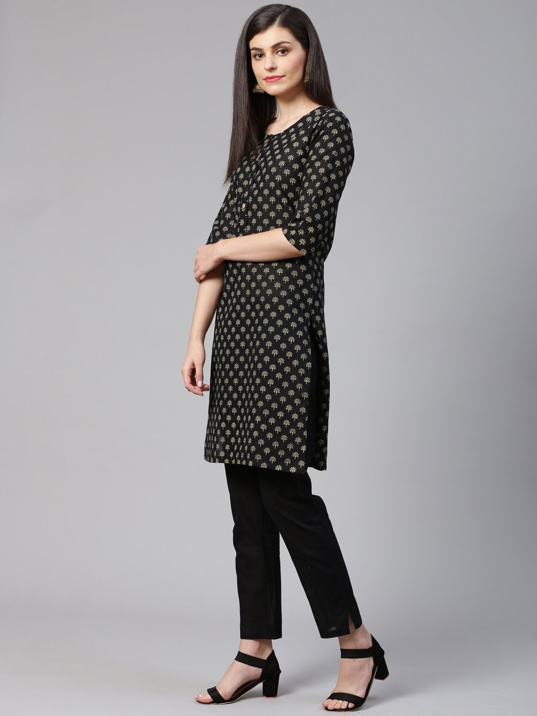 Women's Black and Beige Printed Kurta with Trousers       - Jompers
