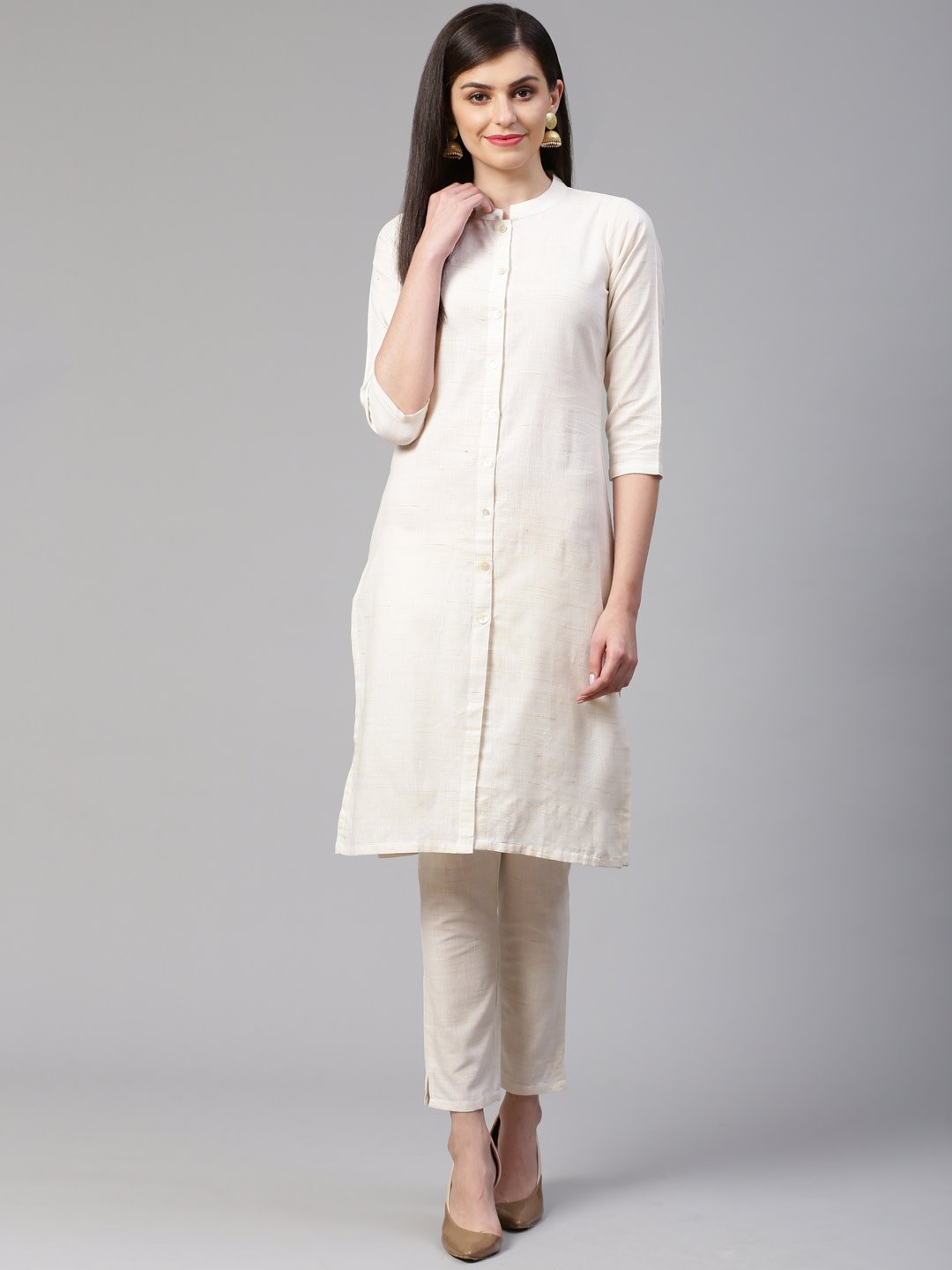 Women's Off White Woven Design Kurta with Trousers - Jompers
