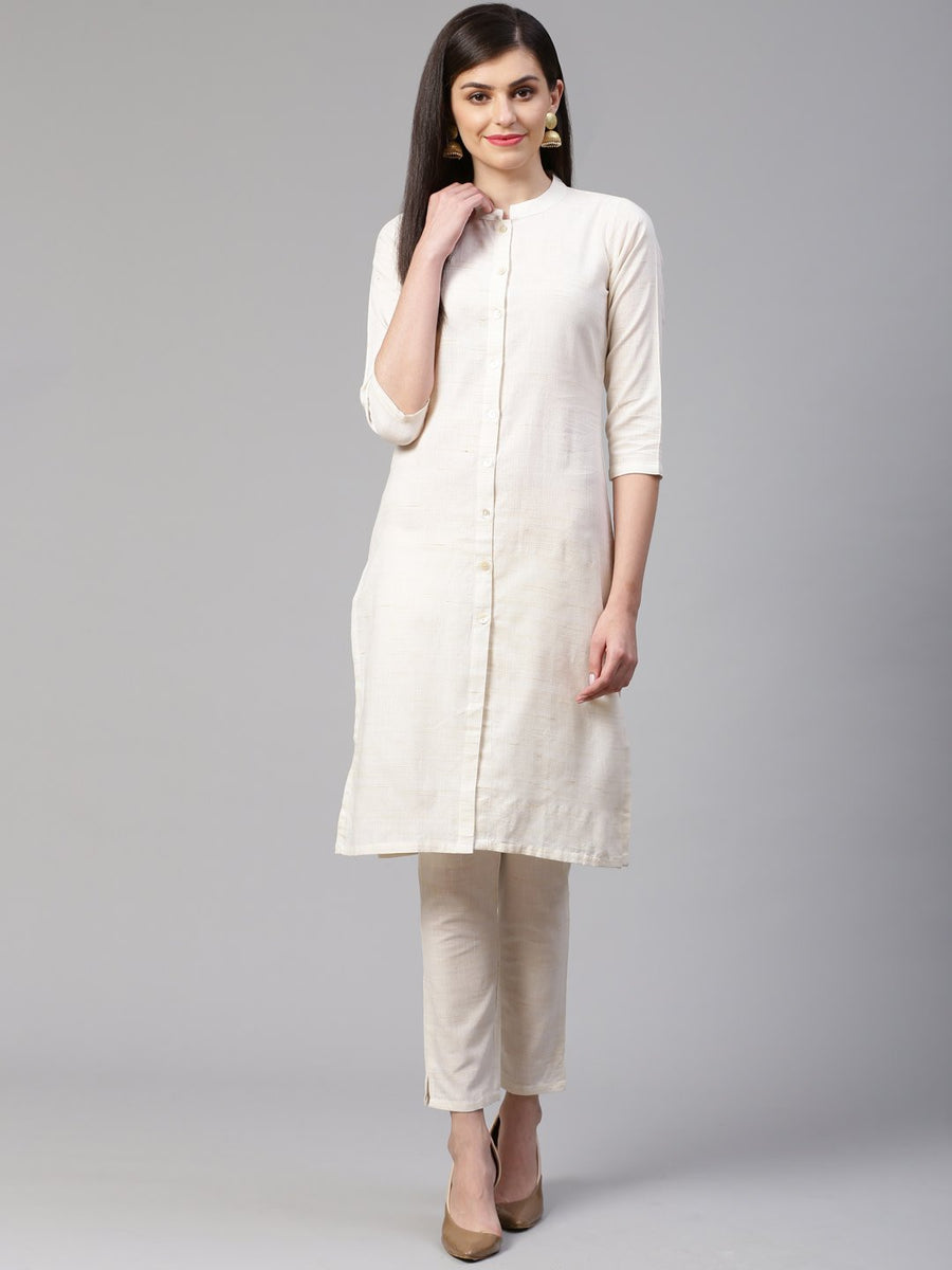 Buy Women's Off White Woven Design Kurta with Trousers - Jompers Online ...