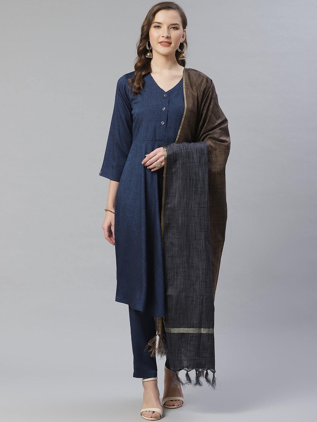 Women's Navy Blue & Charcoal Grey Self Design Kurta with Trousers & Dupatta - Jompers