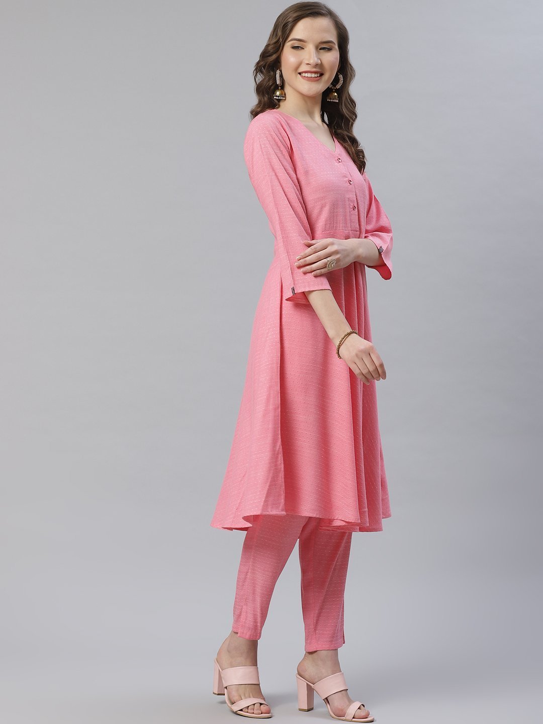 Women's Pink & White Self Design Kurta with Trousers & Dupatta - Jompers