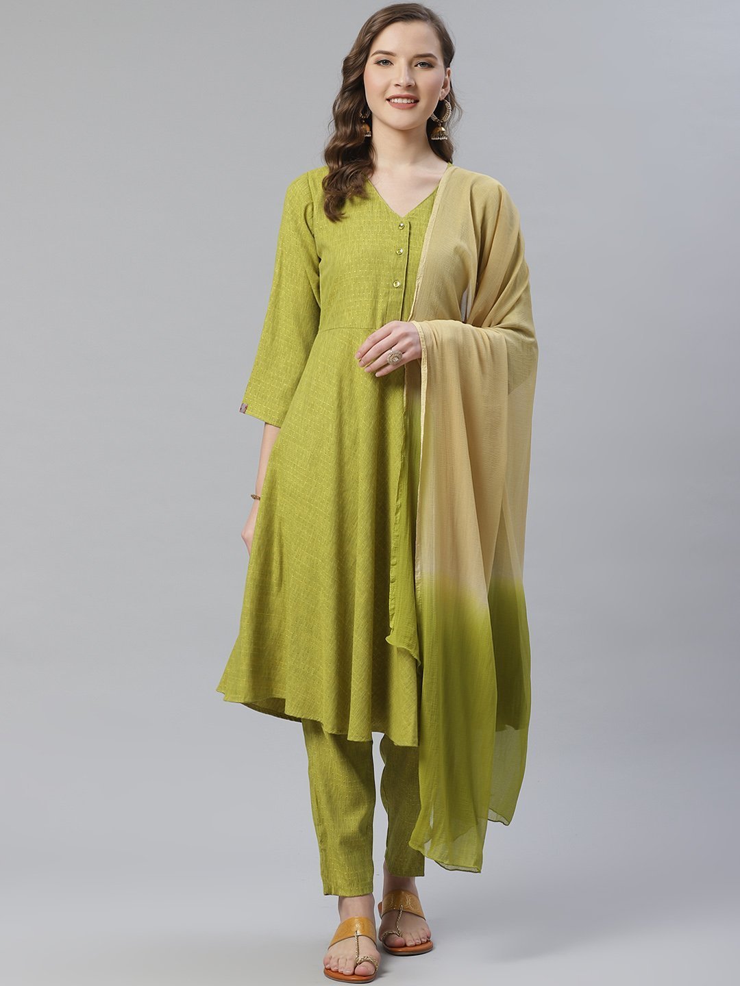 Women's Green & Beige Self Design Kurta with Trousers & Dupatta - Jompers