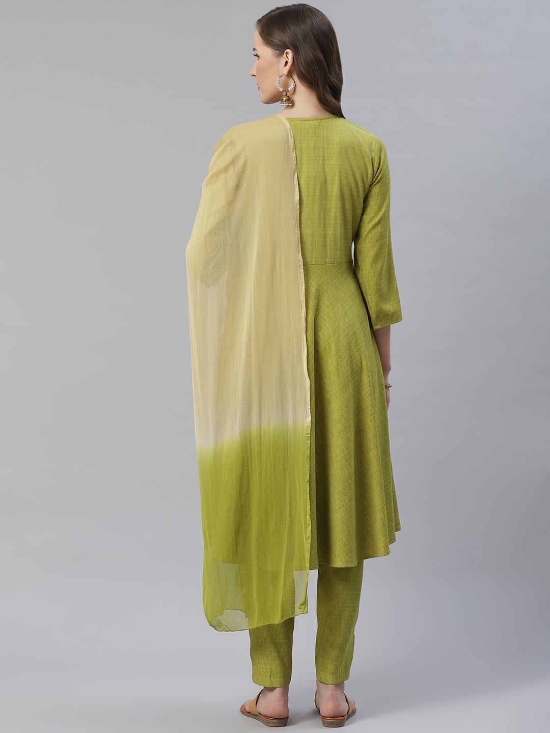 Women's Green & Beige Self Design Kurta with Trousers & Dupatta - Jompers