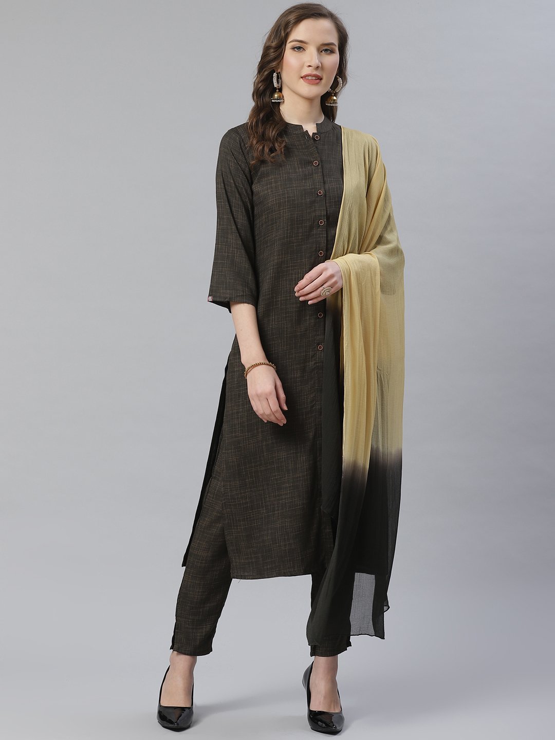 Women's Charcoal Grey & Beige Self Checked Kurta with Trousers & Dupatta - Jompers