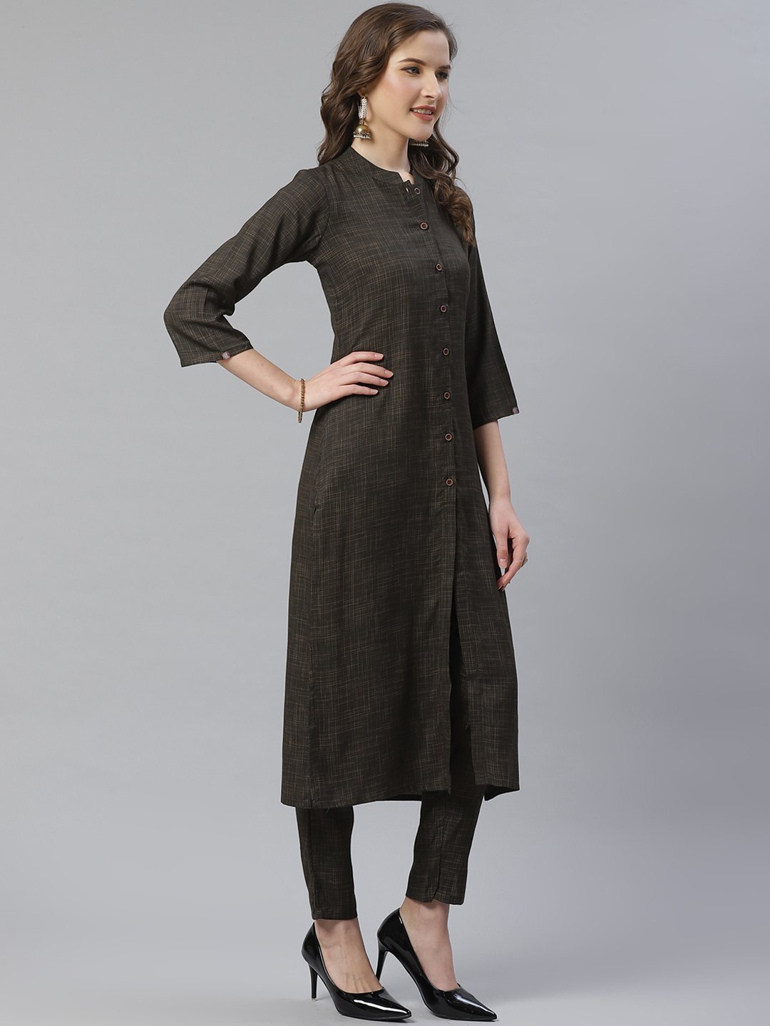 Women's Charcoal Grey & Beige Self Checked Kurta with Trousers & Dupatta - Jompers