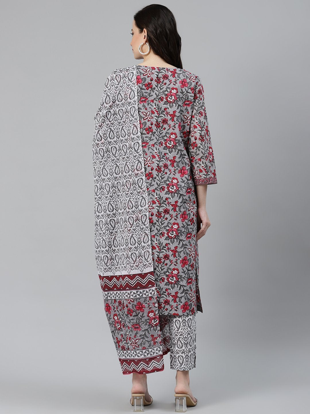 Women's Grey & Magenta Block Print Pure Cotton Kurta with Trousers & Dupatta - Jompers