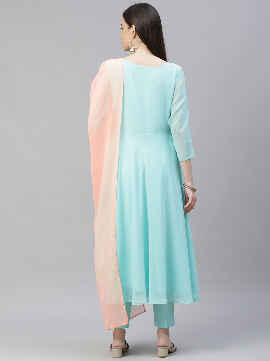 Women's Turquoise Blue Embroidered Regular Sequinned Kurta with Trousers & Dupatta ( JOKS D19Peach 1383 Sky ) - Jompers