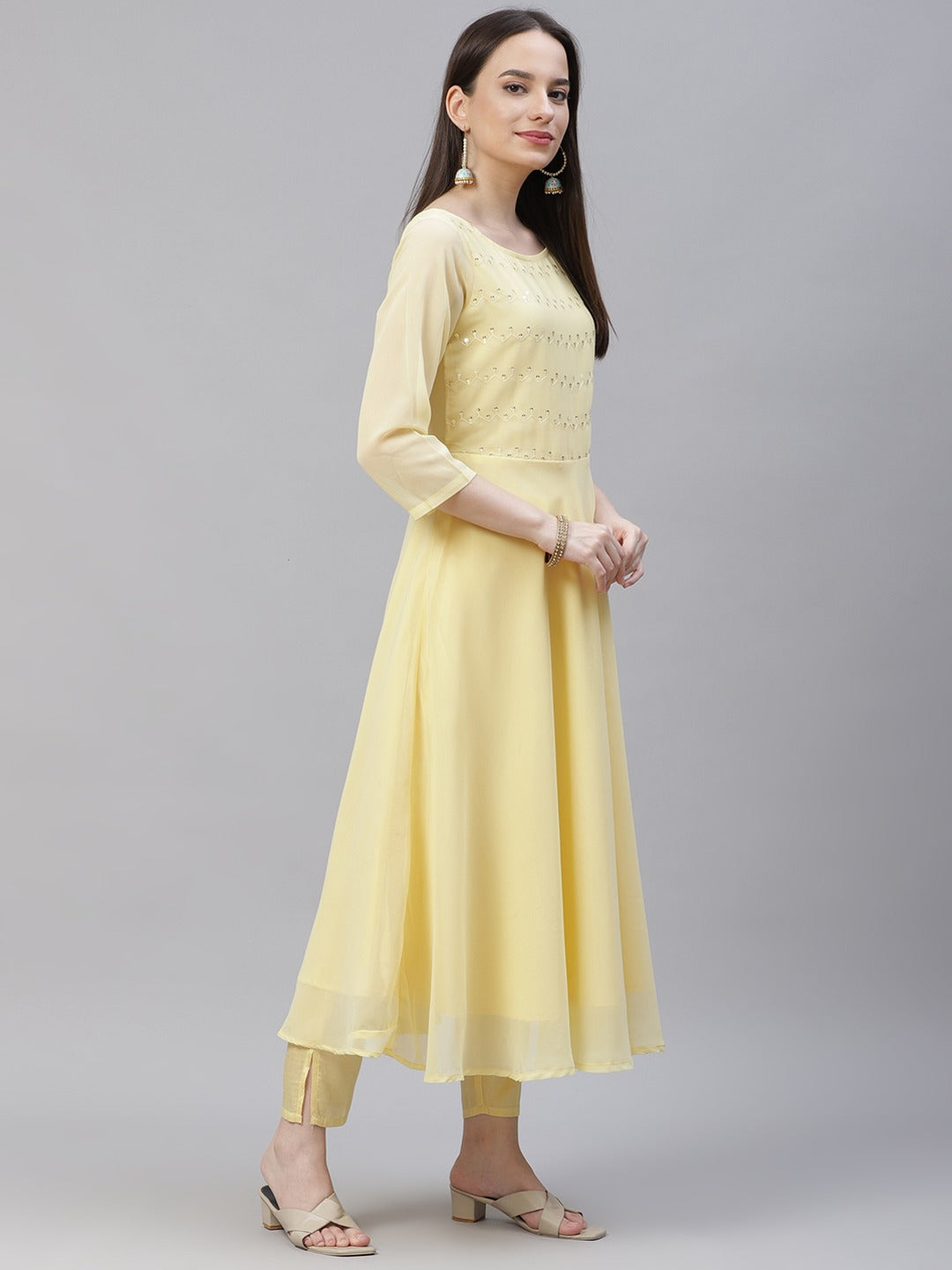 Women's Yellow Embroidered Regular Sequinned Kurta with Trousers & Dupatta ( JOKS D19Sky 1383 Yellow ) - Jompers