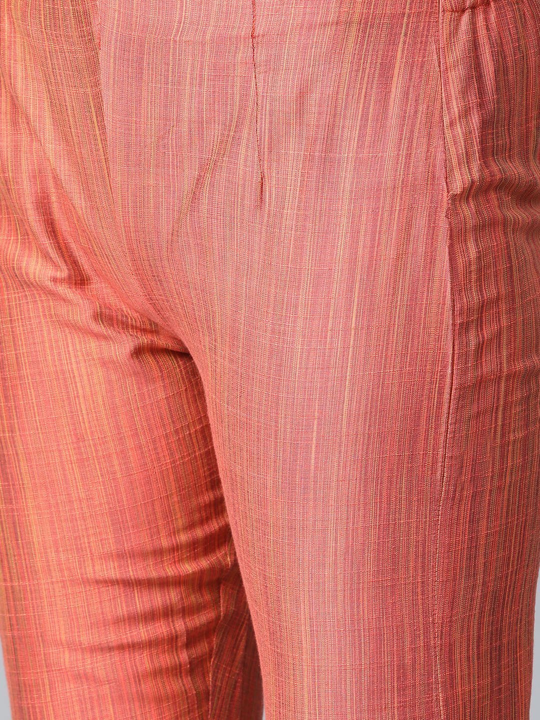 Women's Rust Orange & Beige Self Striped Kurta with Trousers & Dupatta - Jompers