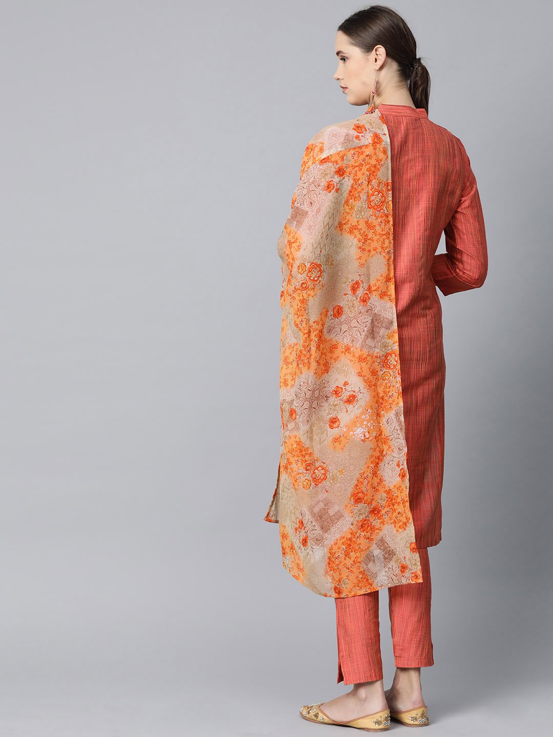 Women's Rust Orange & Beige Self Striped Kurta with Trousers & Dupatta - Jompers