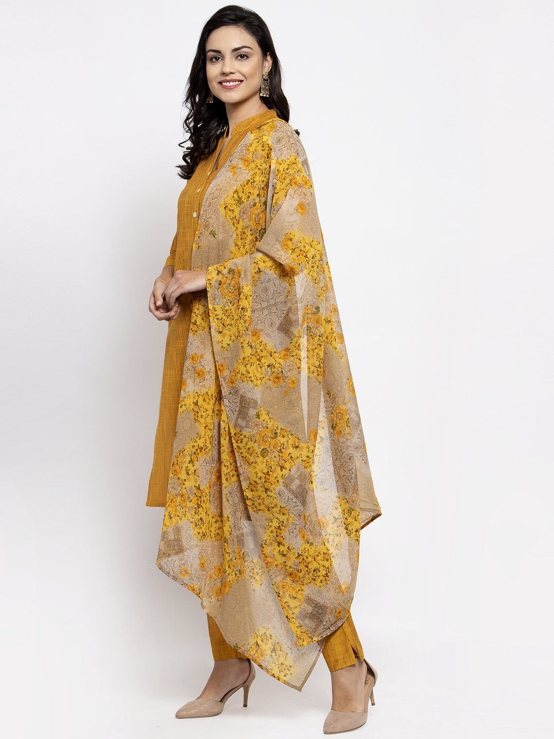 Women's Yellow Self Striped Kurta with Trousers & Floral Gorgette Dupatta - Jompers