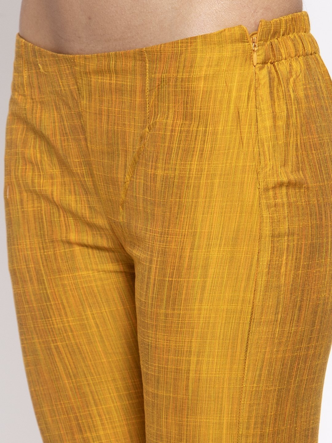 Women's Yellow Self Striped Kurta with Trousers & Floral Gorgette Dupatta - Jompers