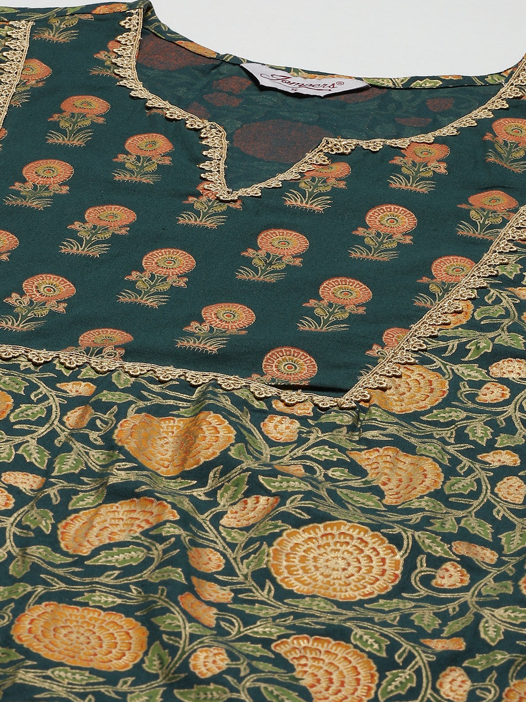 Women's Green Ethnic Motifs Printed Pure Cotton Kurta with Trousers & Dupatta ( JOKS D22G 1400 Green ) - Jompers