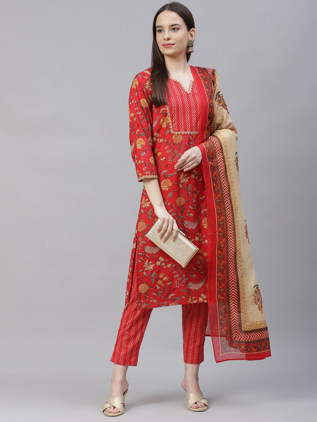 Women's Red Ethnic Motifs Printed Regular Pure Cotton Kurta with Trousers & Dupatta ( JOKS D22R 1400 Red ) - Jompers