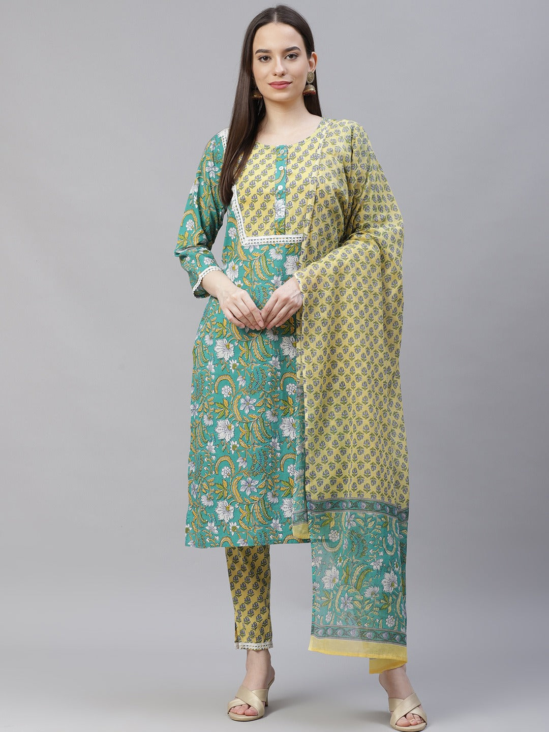 Women's Green Ethnic Motifs Printed Pure Cotton Kurta with Trousers & Dupatta ( JOKS D23G 1401 Green ) - Jompers