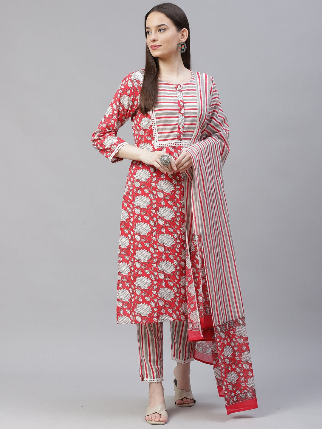 Women's Red & Off-White Ethnic Motifs Printed Kurta with Trousers & Dupatta ( JOKS D23R 1401 Red ) - Jompers