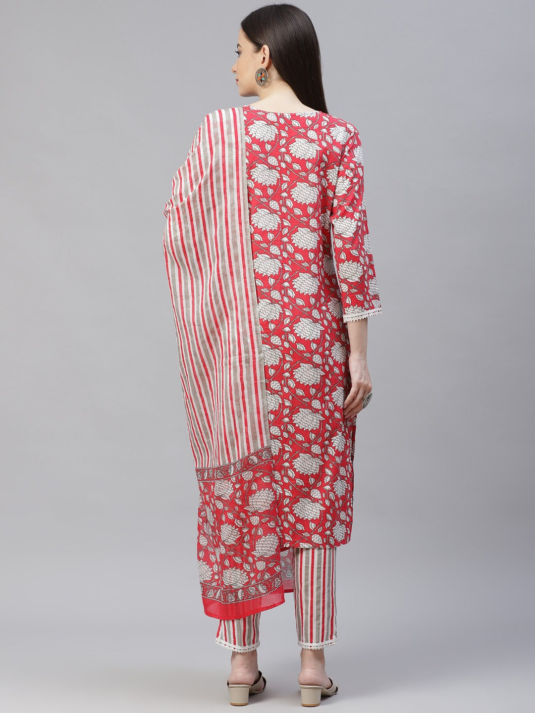 Women's Red & Off-White Ethnic Motifs Printed Kurta with Trousers & Dupatta ( JOKS D23R 1401 Red ) - Jompers