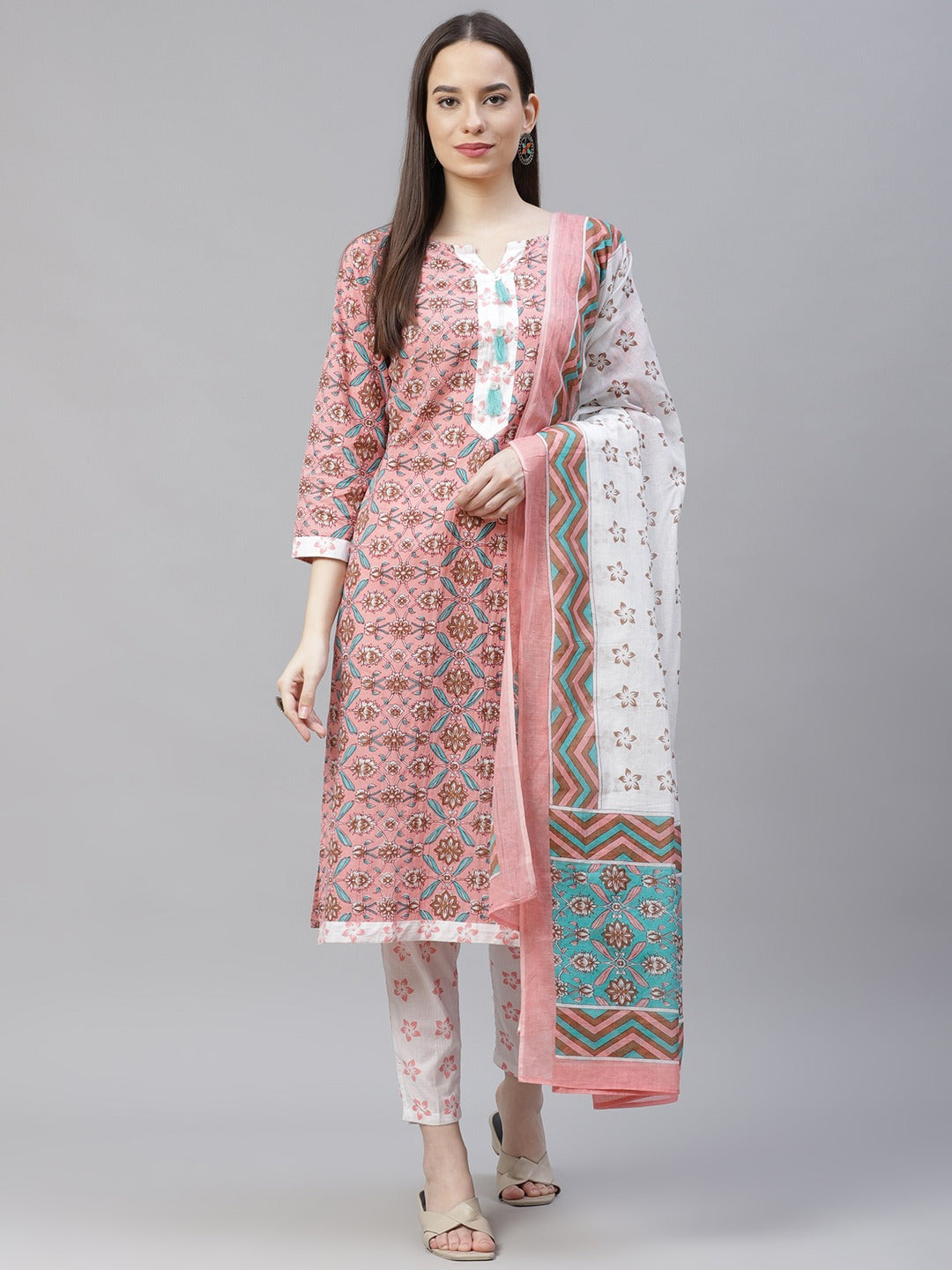 Women's Pink & White Ethnic Motifs Printed Pure Cotton Kurta with Trousers & Dupatta ( JOKS D24P 1402 Pink ) - Jompers
