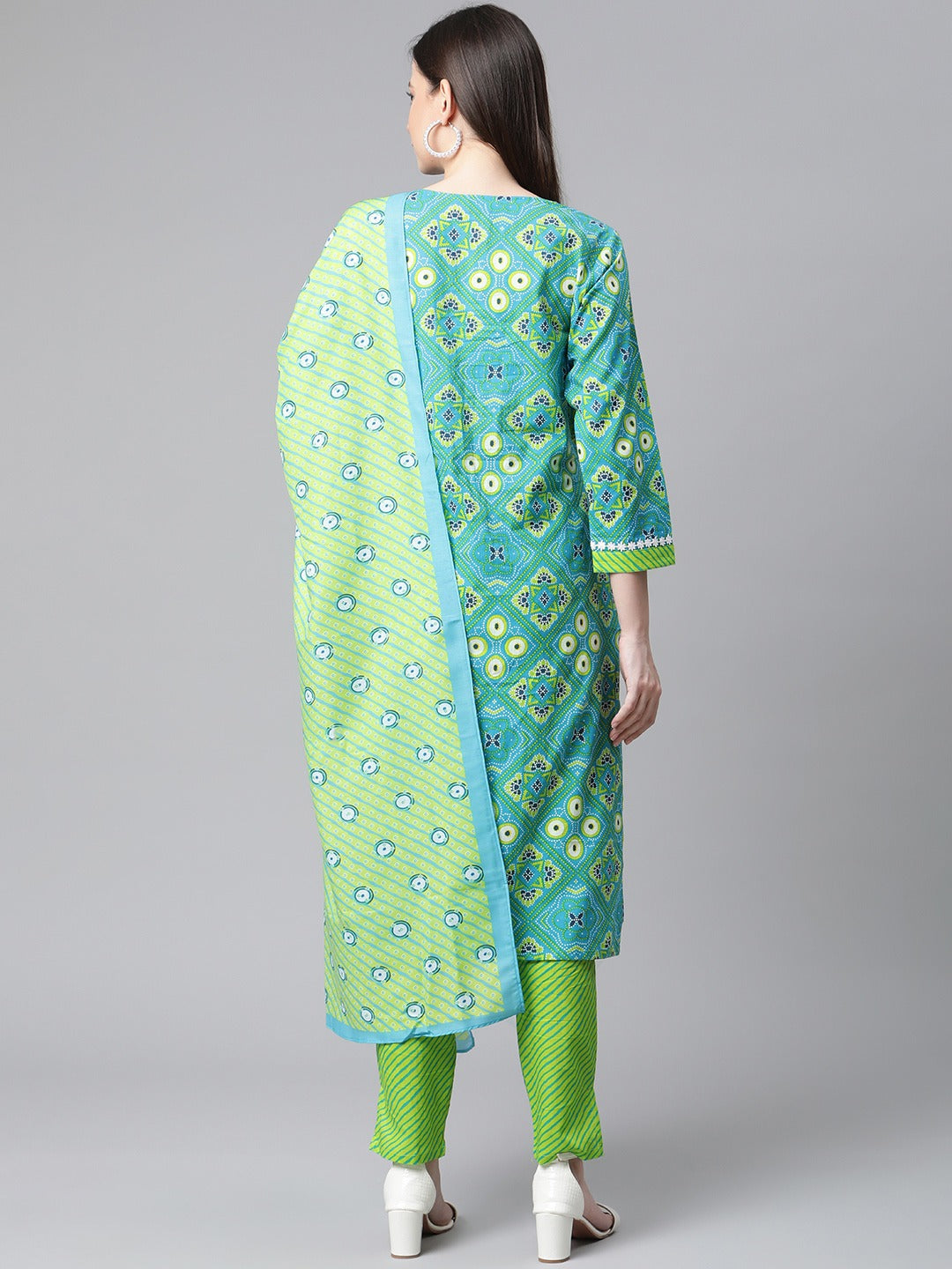 Women's Blue & Green Ethnic Motifs Printed Pure Cotton Kurta With Trousers & Dupatta ( JOKS D27G 1411 Blue ) - Jompers