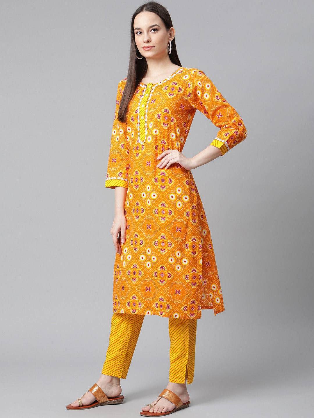 Women's Yellow & Pink Ethnic Motifs Printed Pure Cotton Kurta With Trousers & Dupatta ( JOKS D27Y 1411 Yellow ) - Jompers