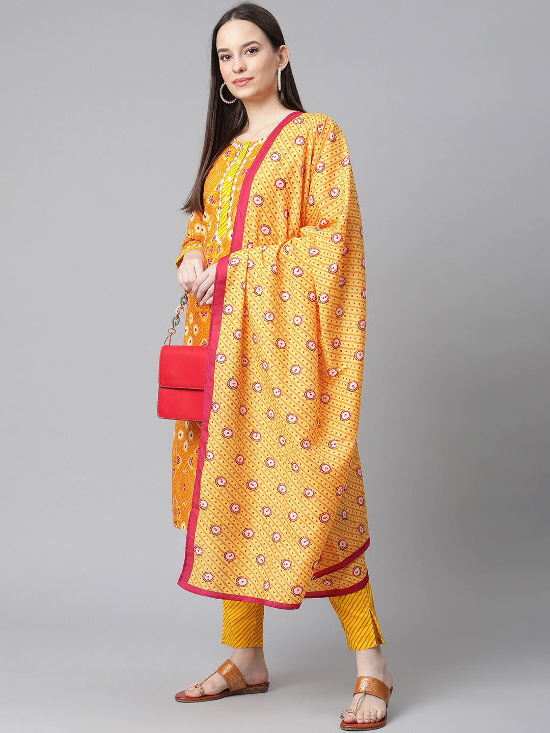 Women's Yellow & Pink Ethnic Motifs Printed Pure Cotton Kurta With Trousers & Dupatta ( JOKS D27Y 1411 Yellow ) - Jompers