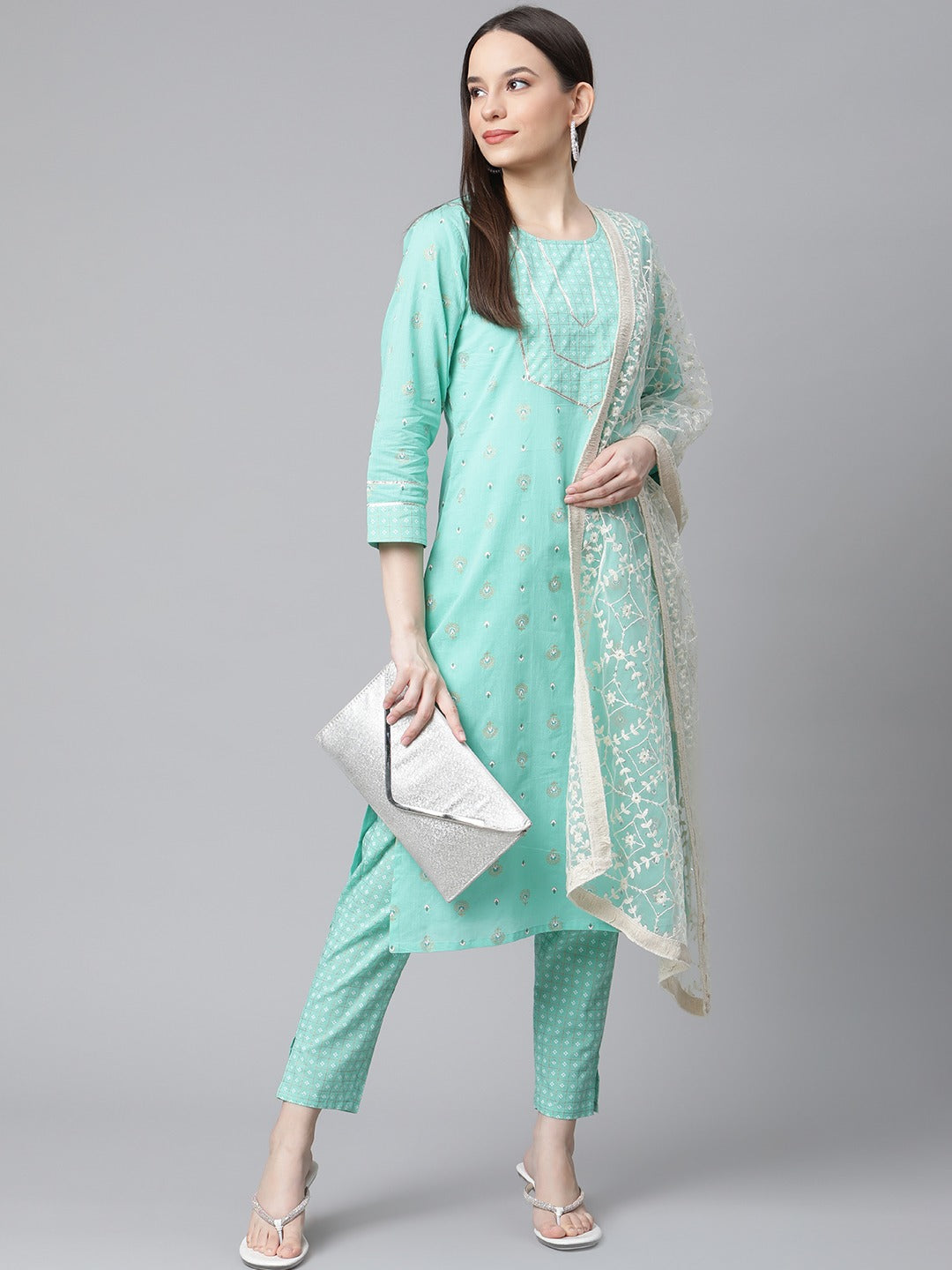Women's Green Floral Printed Regular Pure Cotton Kurta with Trousers & With Dupatta ( JOKS D28W 1412 Green ) - Jompers