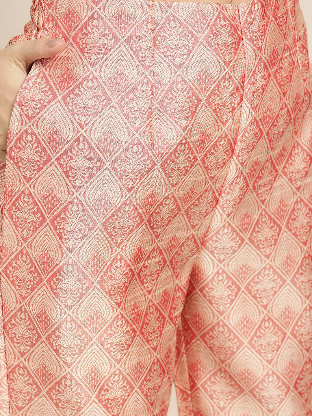 Women's Pink Jacquard Woven Design Straight Kurta Trousers & Chikankari Dupatta ( JOKS D28W 1443 Pink ) - Jompers