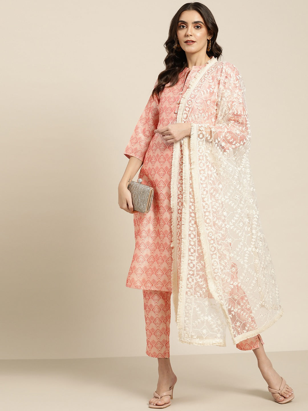 Women's Pink Jacquard Woven Design Straight Kurta Trousers & Chikankari Dupatta ( JOKS D28W 1443 Pink ) - Jompers