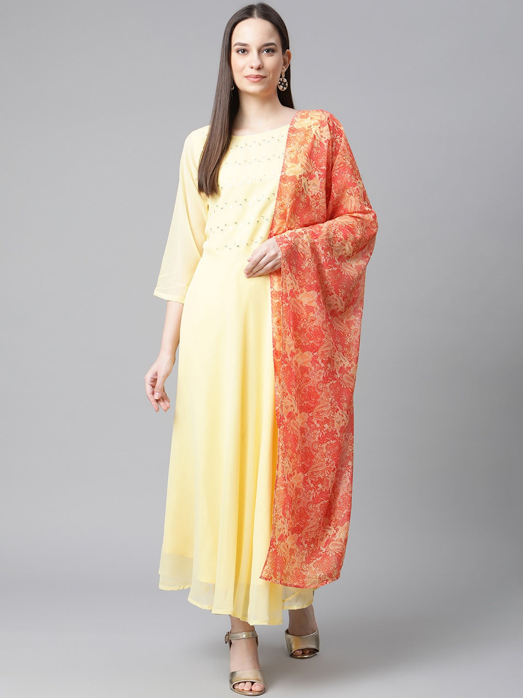 Women's Yellow Embroidered Regular Sequinned Kurta with Trousers & With Dupatta ( JOKS D29R 1383 Yellow ) - Jompers