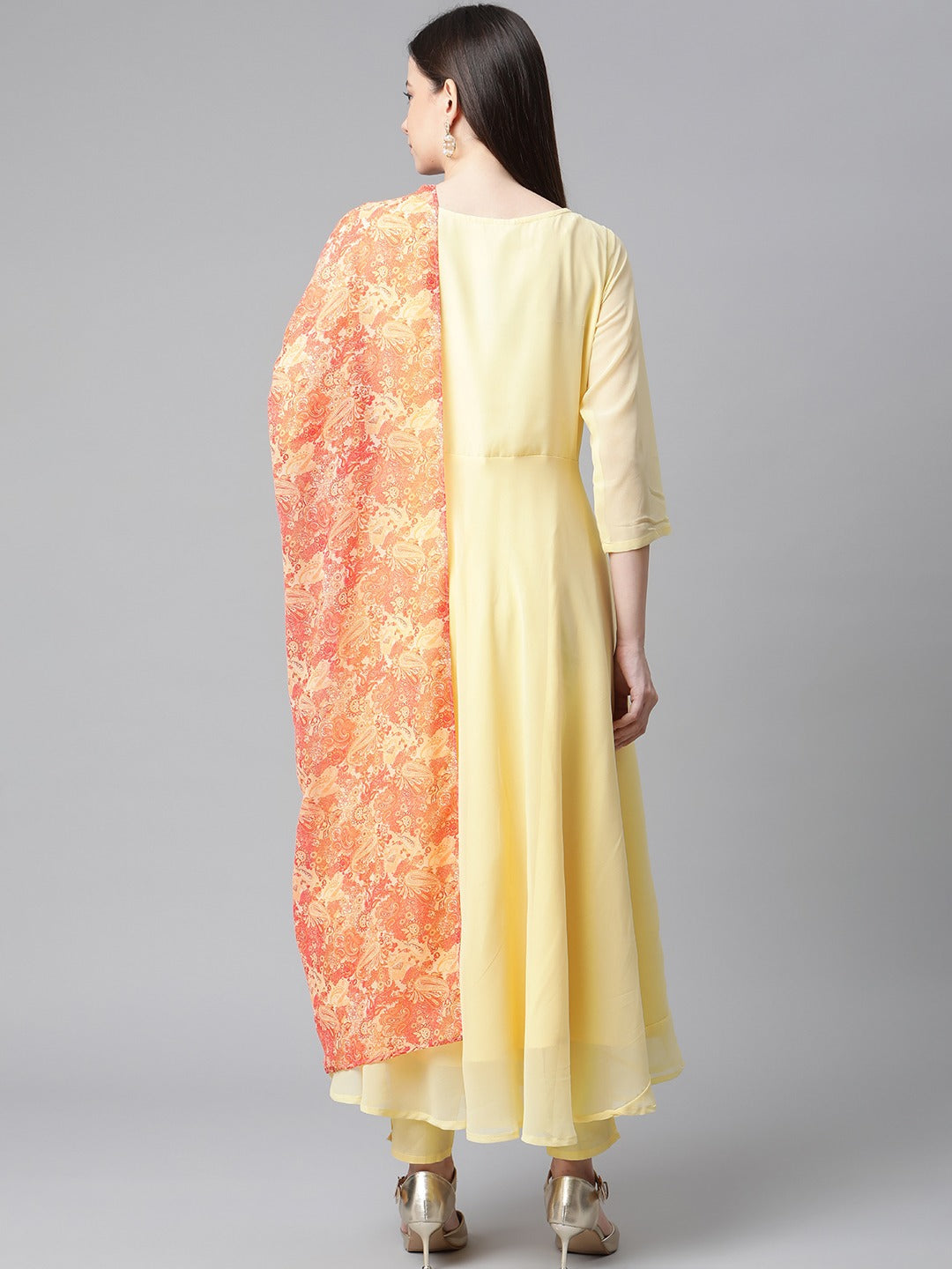 Women's Yellow Embroidered Regular Sequinned Kurta with Trousers & With Dupatta ( JOKS D29R 1383 Yellow ) - Jompers