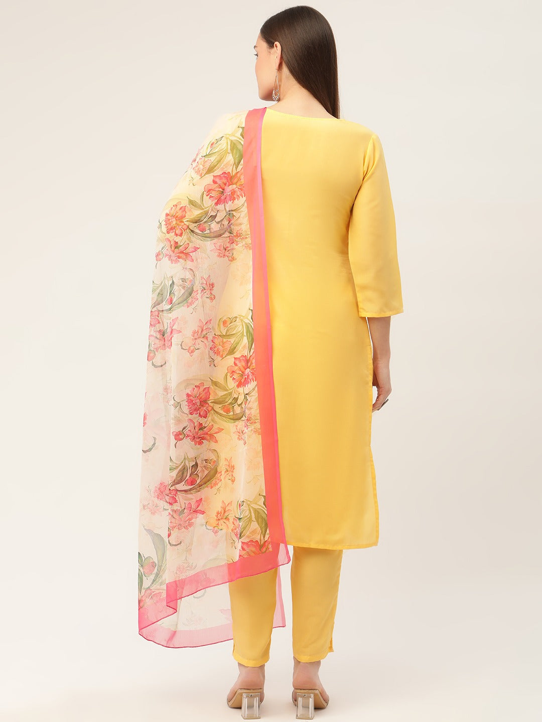 Women's Yellow Embroidered Regular Kurta with Trousers & With Dupatta ( JOKS D30 1361 Yellow ) - Jompers