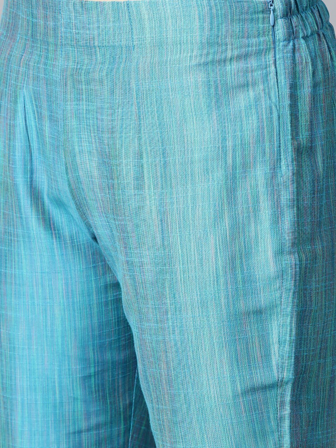 Women's Blue & Green Self Striped Kurta with Trousers & Dupatta - Jompers