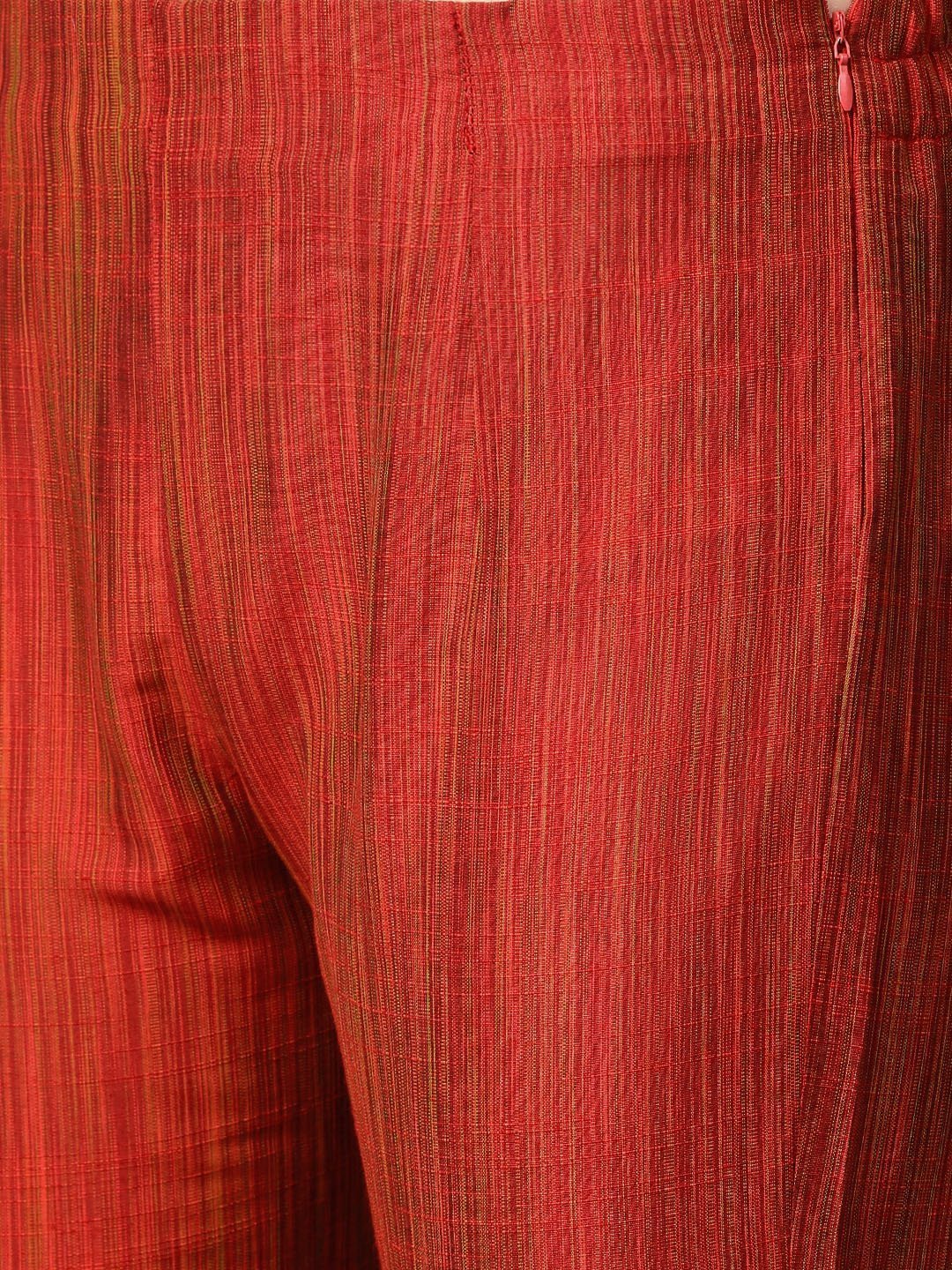 Women's Red & Black Self Striped Kurta with Trousers & Dupatta - Jompers