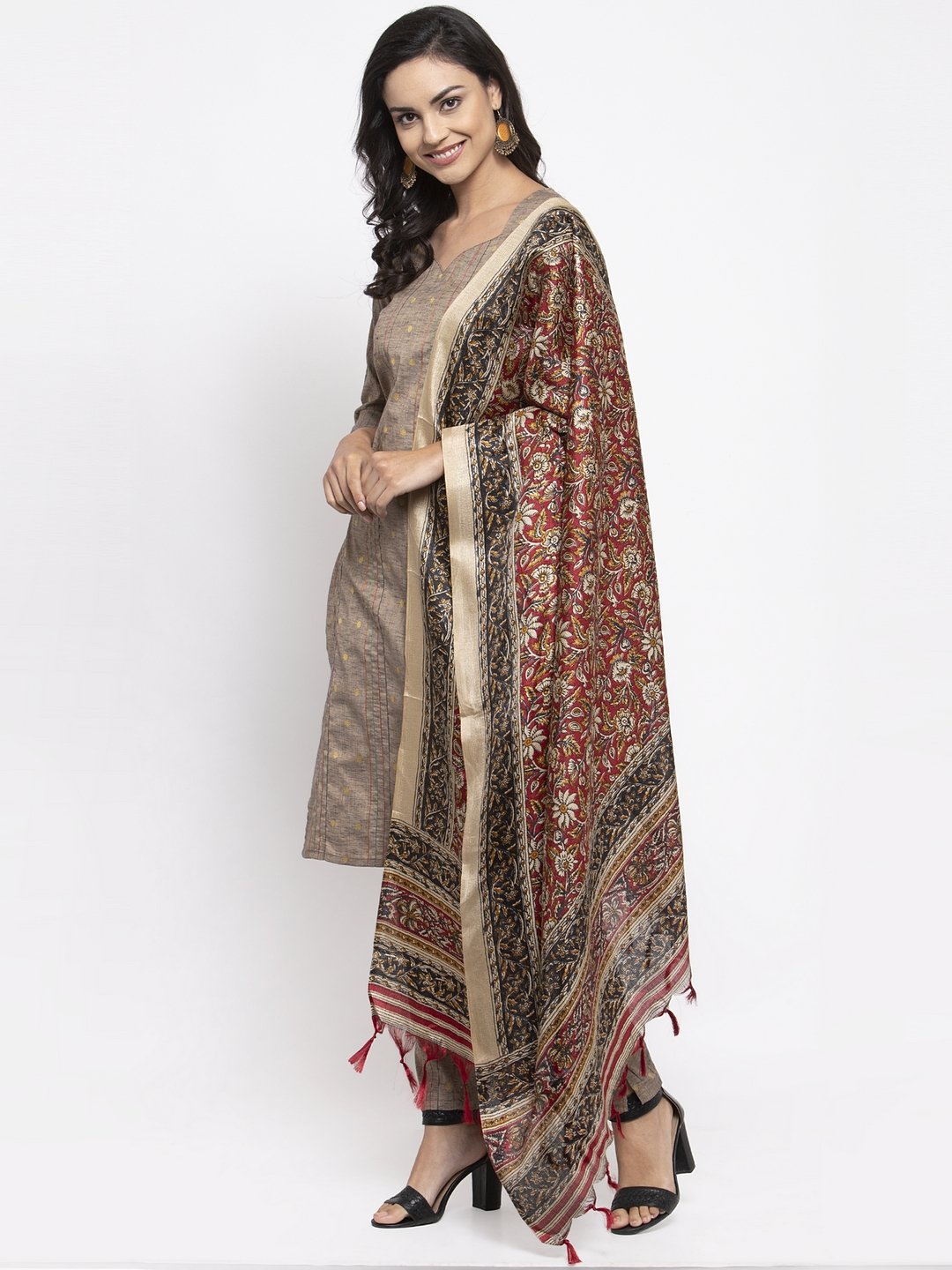 Women's Grey Striped Kurta with Trousers & Red Printed Dupatta - Jompers