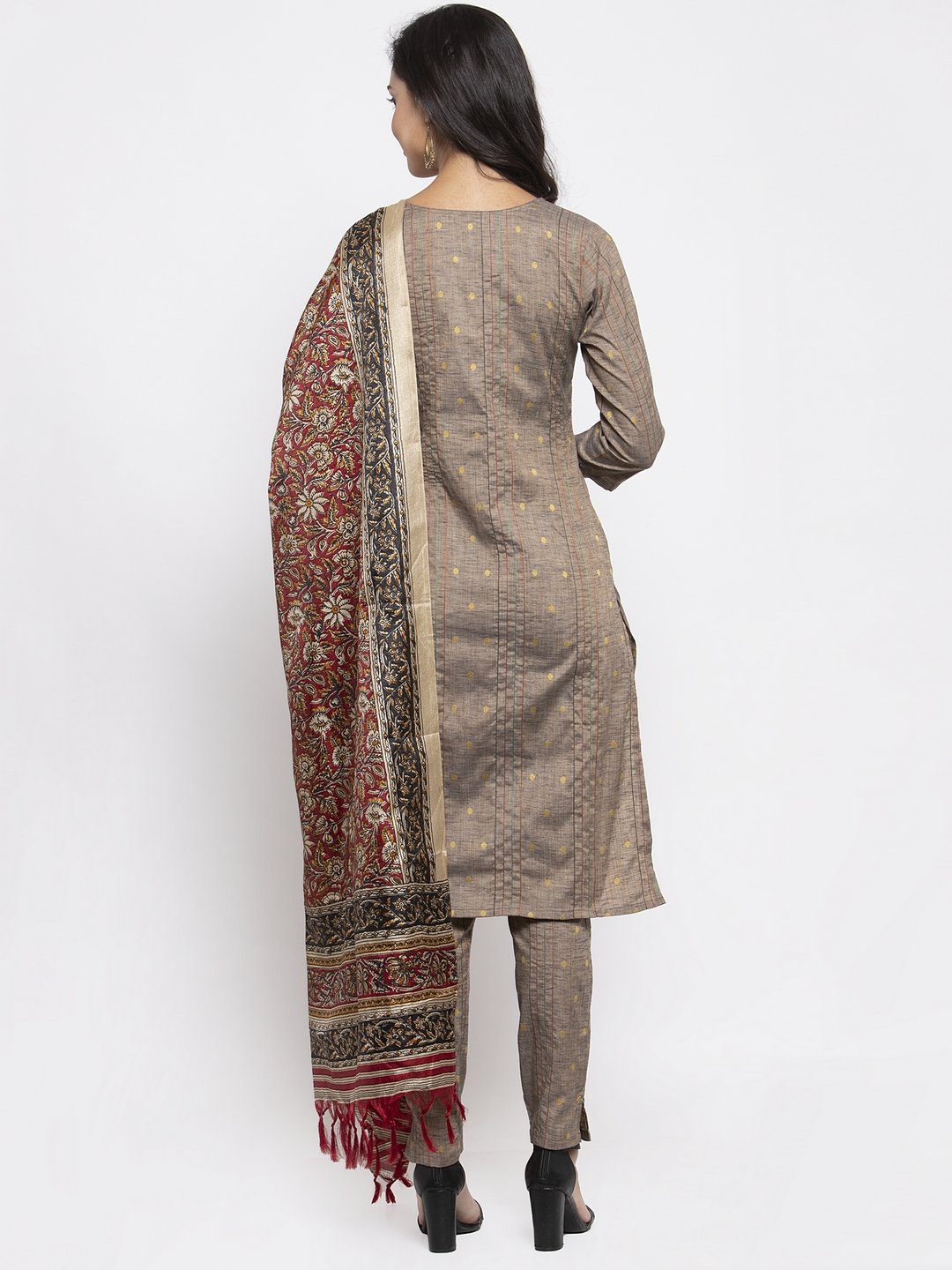 Women's Grey Striped Kurta with Trousers & Red Printed Dupatta - Jompers