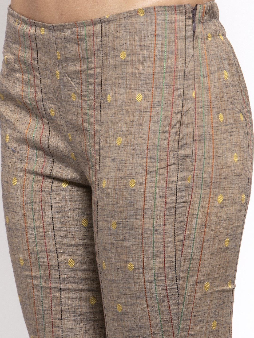 Women's Grey Striped Kurta with Trousers & Mustard Printed Dupatta - Jompers