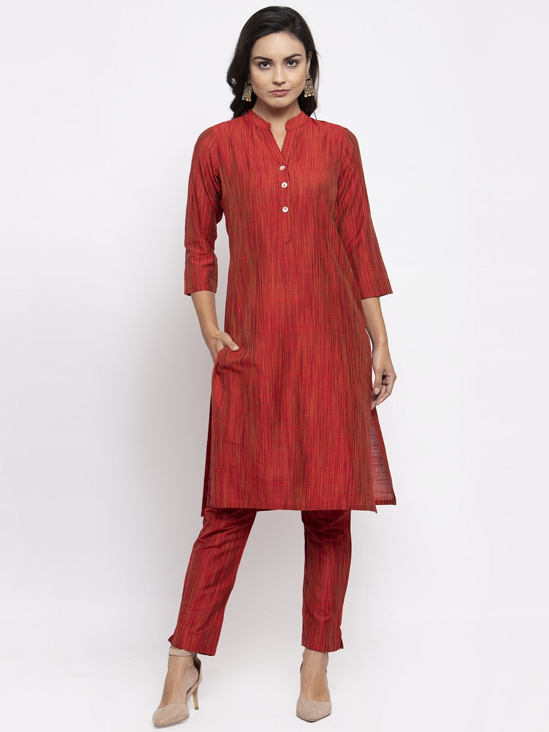 Women's Red Self Striped Kurta with Trousers & Art Silk Dupatta - Jompers