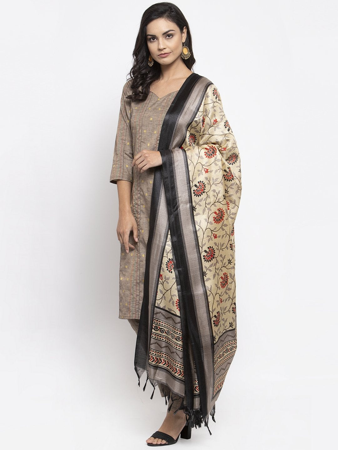 Women's Grey Striped Kurta with Trousers & Beige Red Printed Dupatta - Jompers